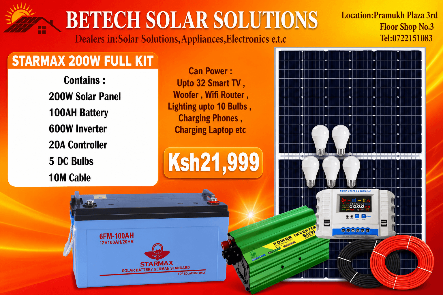 Starmax 200W Solar Full Kit: 200W Panel, 100Ah Battery, 600W Inverter, 20A Controller, 5 DC Bulbs, 10m Cable
