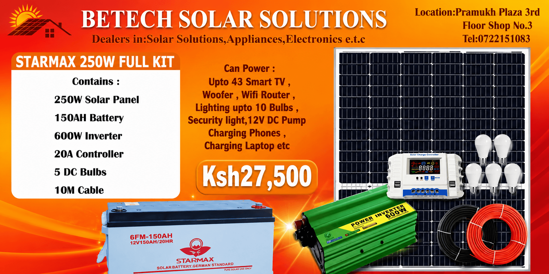 Starmax 250W Full Kit : 250W Solar Panel , 150AH Solar Battery , 600W Inverter , 20A Controller , 5 DC Bulbs , 10M Red and Black Cable
