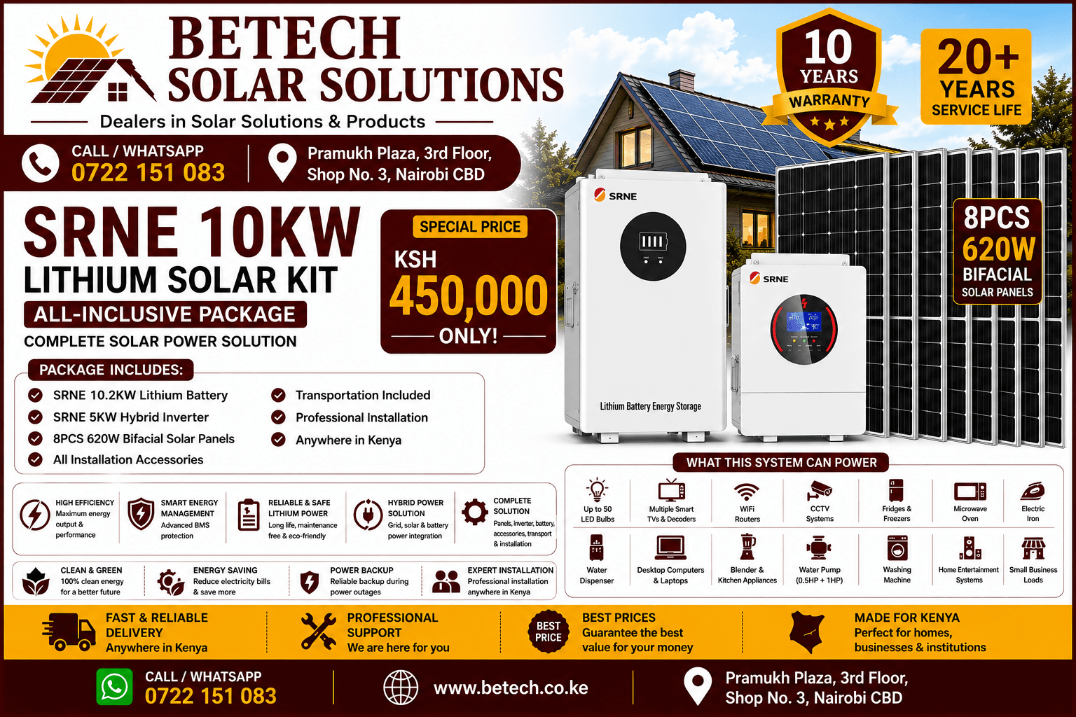 SRNE 10KW Lithium Solar Kit : SRNE 10.2KW Lithium Battery , SRNE 5KW Hybrid inverter , 8pcs 620W Bifacial All weather Solar Panels , All installation Accessories , Installation fees and Transportation Countrywide