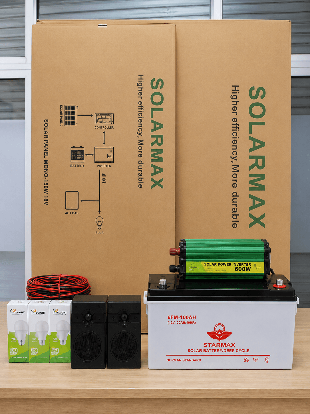Starmax 150W Solar Full Kit: 150W Panel, 100Ah Battery, 600W Inverter, 20A Controller, 5 DC Bulbs, 10m Cable