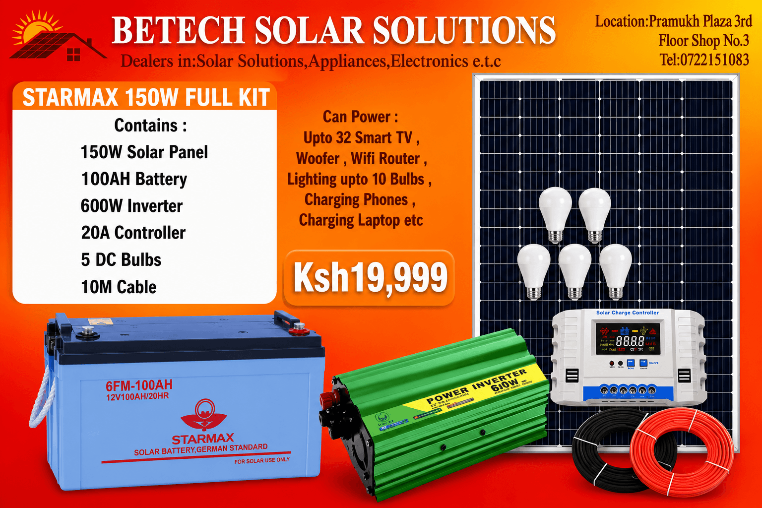 Starmax 150W Solar Full Kit : 150W Panel , 100Ah Solar Battery, 600W Solar Inverter, 20A Solar Controller, 5 DC Bulbs, 10M Cable