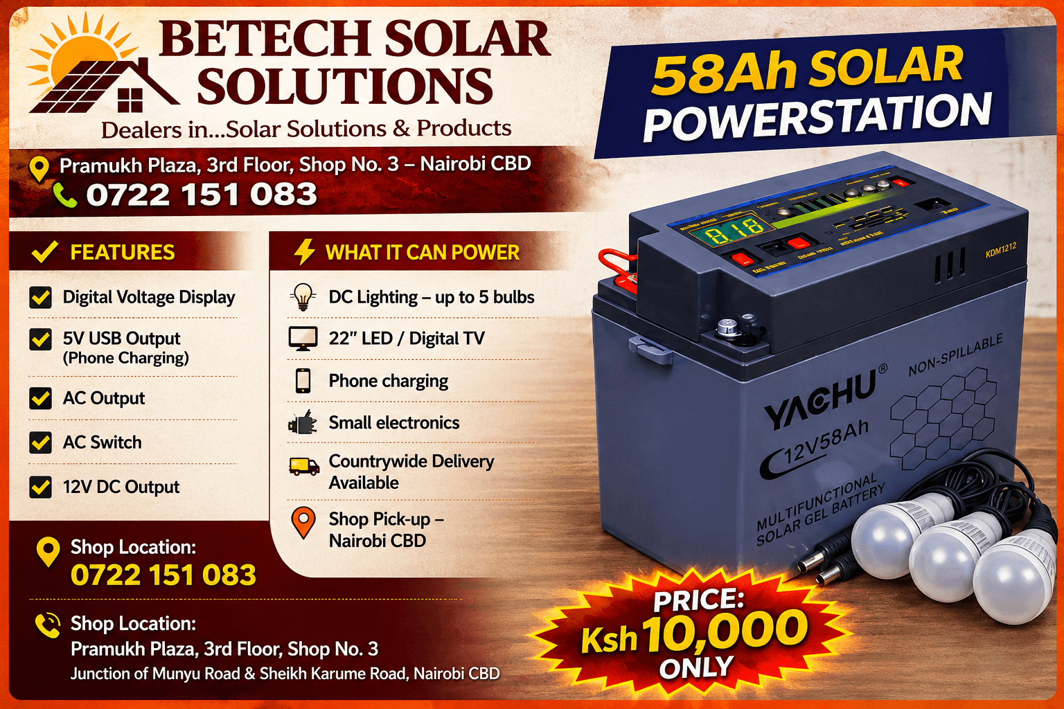 Yachu 58AH Solar Power Station , Digital Display , AC Output , 12V DC Output