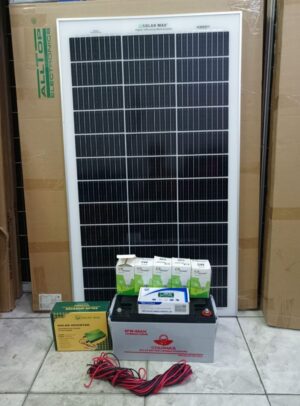 100W solar Panel + 80Ah Solar battery + 300W inverter + 10Ah solar Charge Controller + 5 DC Bulbs + 10M Cable