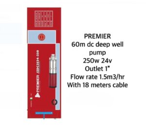 Premier 60M DC Solar Water Pump 250W 24V 1 inches Outlet 1.5M3/HR Flow Rate with 18M Cable Solar Water Pump