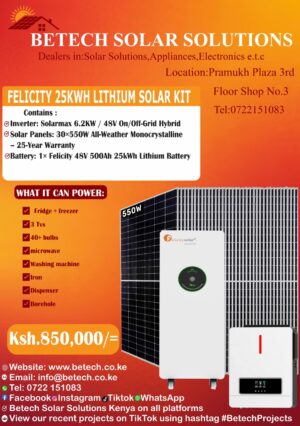 Felicity 25KWh Lithium Solar Kit with Solarmax 6.2KW Inverter