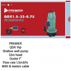 PREMIER QDX 1HP SHALLOW WELL SUBMERSIBLE PUMP – 32m Head | 1" Outlet | AC | 1.5 m³/h