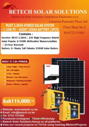 Must 2.2Kva Hybrid Solar System-1.1Kw -Husky 250AH Battery (2pcs)