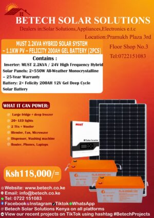 Must 2.2Kva Hybrid Solar System-1.1Kw -Felicity  200AH Gel Battery (2 pcs)