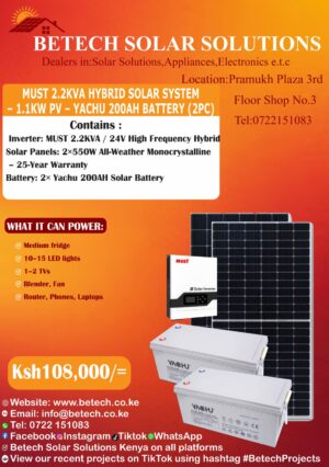 Must 2.2Kva Hybrid Solar System-1.1Kw -Yachu 200AH Gel Battery (2 pcs)