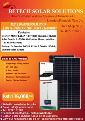 Must 2.2Kva Hybrid Solar System-1.1Kw -Premier 5.12 Kwh Lithium Solar Battery