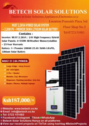 Must 2.2Kva Hybrid Solar System-1.1Kw -Premier 5Kwh Lithium Solar Battery