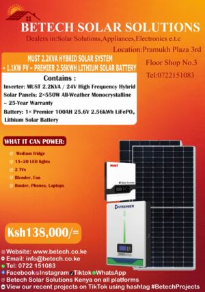 Must 2.2Kva Hybrid Solar System-1.1Kw -Premier 2.56Kwh Lithium Solar Battery