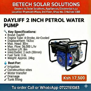 Dayliff 2-Inch Petrol Water Pump – 163cc 4-Stroke Engine, 36,000 L/hr High-Flow Pump
