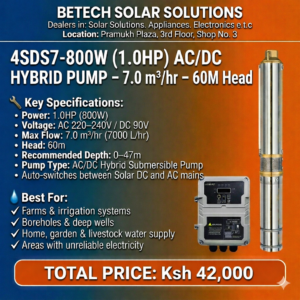 The 4SDS7-1300W (2.0HP) AC/DC Hybrid Solar Submersible Pump is engineered for deep boreholes, medium–large farm irrigation, livestock supply, and commercial water systems. Delivering a 112m maximum head and 7.0 m³/hr flow rate, this hybrid pump automatically switches between solar DC and AC mains, ensuring reliable 24/7 operation even during low-sunlight conditions. A durable, high-performance solution for areas with unstable electricity.