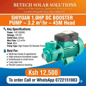 Shiyuan 1.0HP 72V DC Booster Pump – 3.2 m³/hr Flow, 45M Head (High-Pressure Household Pump)