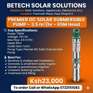 Premier 750W 72V DC Solar Submersible Pump – 3.5 m³/hr Flow, 65M Head (1-Inch Outlet)