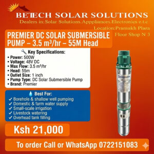 Premier 500W 48V DC Solar Submersible Pump – 3.5 m³/hr Flow, 55M Head (1-Inch Outlet)