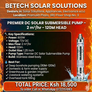 Premier 600W 72V DC Solar Submersible Pump – 2 m³/hr Flow, 120M Head (1.25-Inch Stainless Steel)
