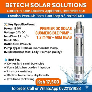 Premier 180W 24V DC Solar Submersible Pump – 1.2 m³/hr Flow, 60M Head (1.25-Inch Stainless Steel)