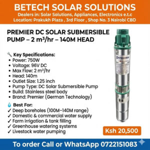 Premier 750W 96V DC Solar Submersible Pump – 2 m³/hr Flow, 140M Head (1.25-Inch Stainless Steel)