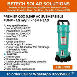 Premier QDX 0.5HP AC Submersible Pump – 1.5 m³/hr Flow, 16M Head (Shallow Well & Drainage Pump)