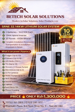 SRNE 32.14KW Lithium Solar System – 12KW Hybrid Inverter + 20×610W Bifacial Panels + 32.14KWh Battery Backup