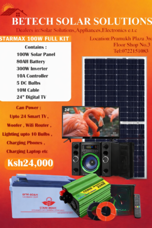 Starmax 100W Full Solar Kit with 80Ah Battery + 300W Inverter + 24” Digital TV – Complete Home Solar System