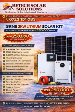 SRNE 3KW Lithium Solar Kit – 5.12KWh Battery + 4×585W Tier-1 Panels + 3KW Hybrid Inverter (All-Inclusive Package)