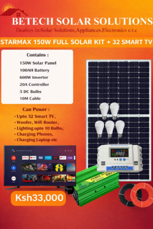 Starmax 150W Full Solar Kit with 100Ah Battery + 600W Inverter + 32” Smart TV – Complete Home Solar Power System