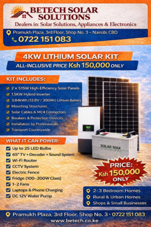 4KW Lithium Solar Kit – 1.5KW Hybrid Inverter + 3.84KWh Lithium Battery + 2×515W Solar Panels (Fully Installed)