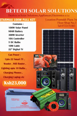 Starmax 100W Full Solar Kit with 80Ah Battery + 300W Inverter + 22” Digital TV – Complete Home Solar Power System