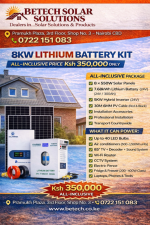 8KW Lithium Solar Battery Kit – 5KW Hybrid Inverter + 7.68KWh Lithium Battery + 8×550W Solar Panels (All-Inclusive Installation)